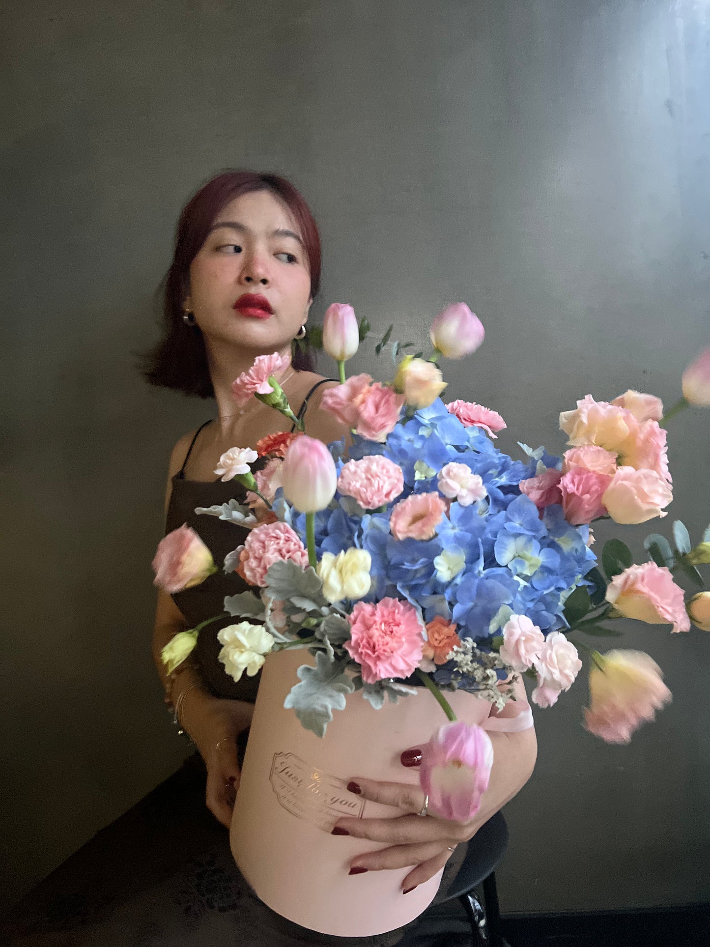 Harmony in Bloom: Blue Hydrangeas, Pink Tulips, Carnations, and Eucalyptus Leaves - Farm-Sook Flowers & Coffee