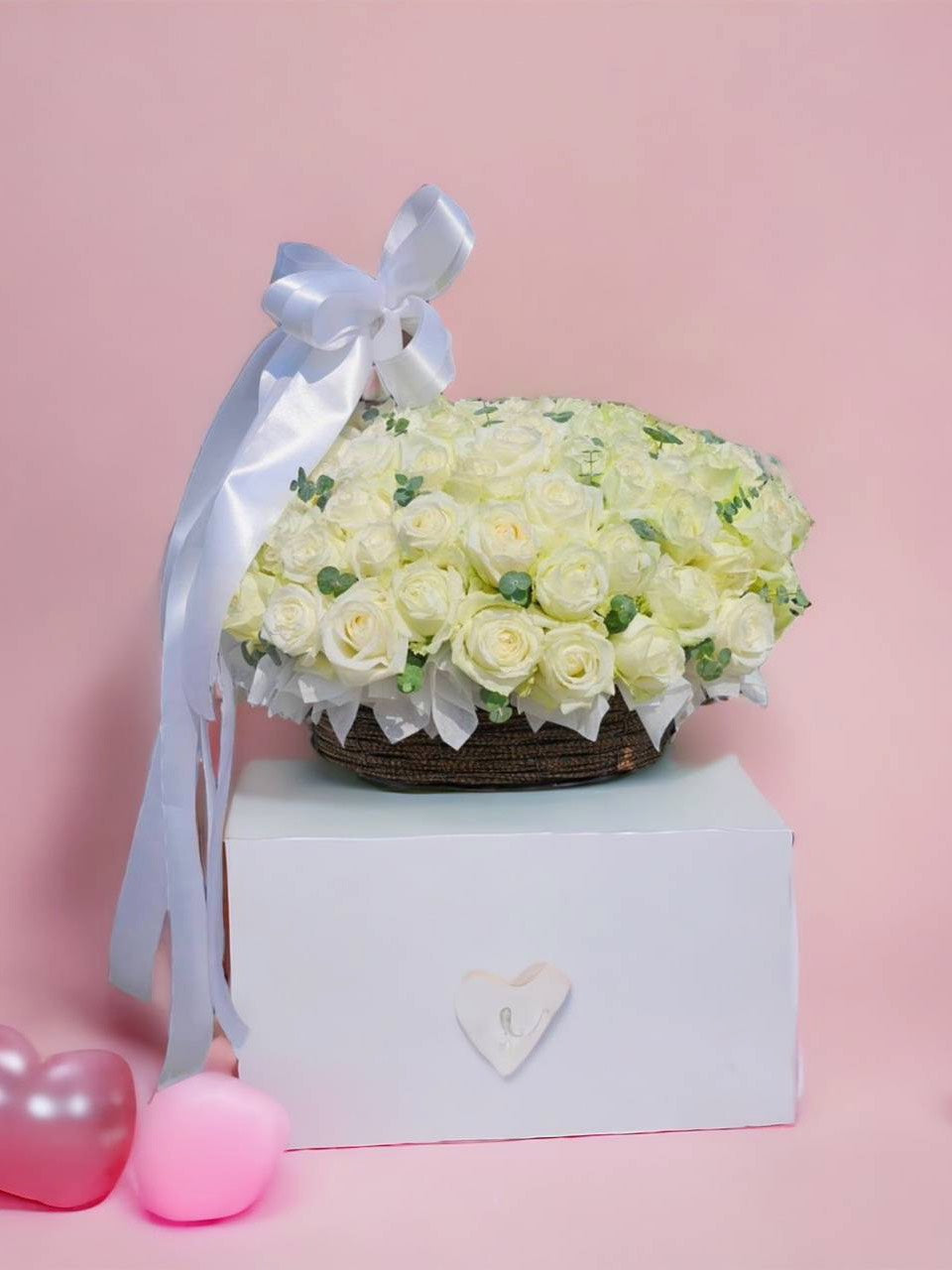 Valentine's Day - 101  Basket of White Roses - Farm-Sook Flowers & Coffee