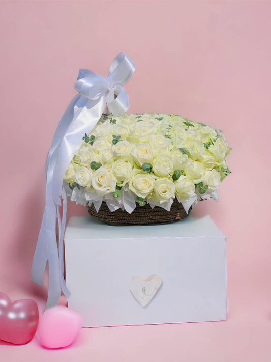 Valentine's Day - 101  Basket of White Roses - Farm-Sook Flowers & Coffee