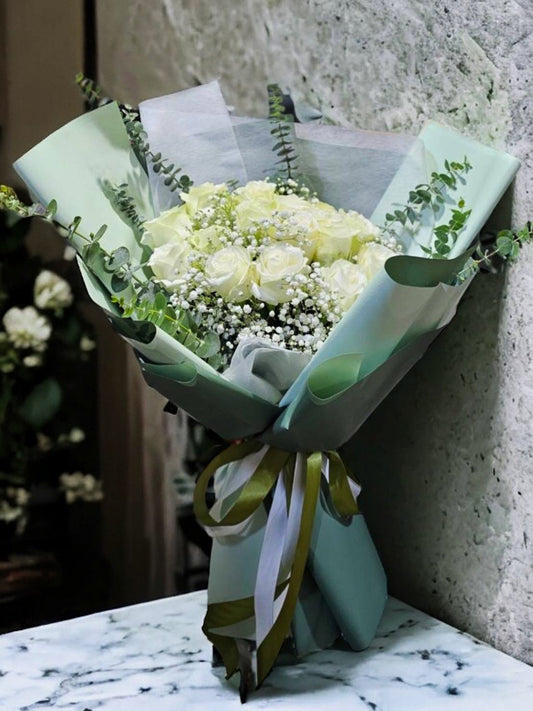 Valentine's Day - 15 White Roses Bouquet - Farm-Sook Flowers & Coffee