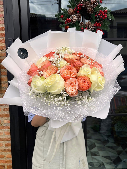 Bouquet of 25 White and Orange Rose - Farm-Sook Flowers & Coffee