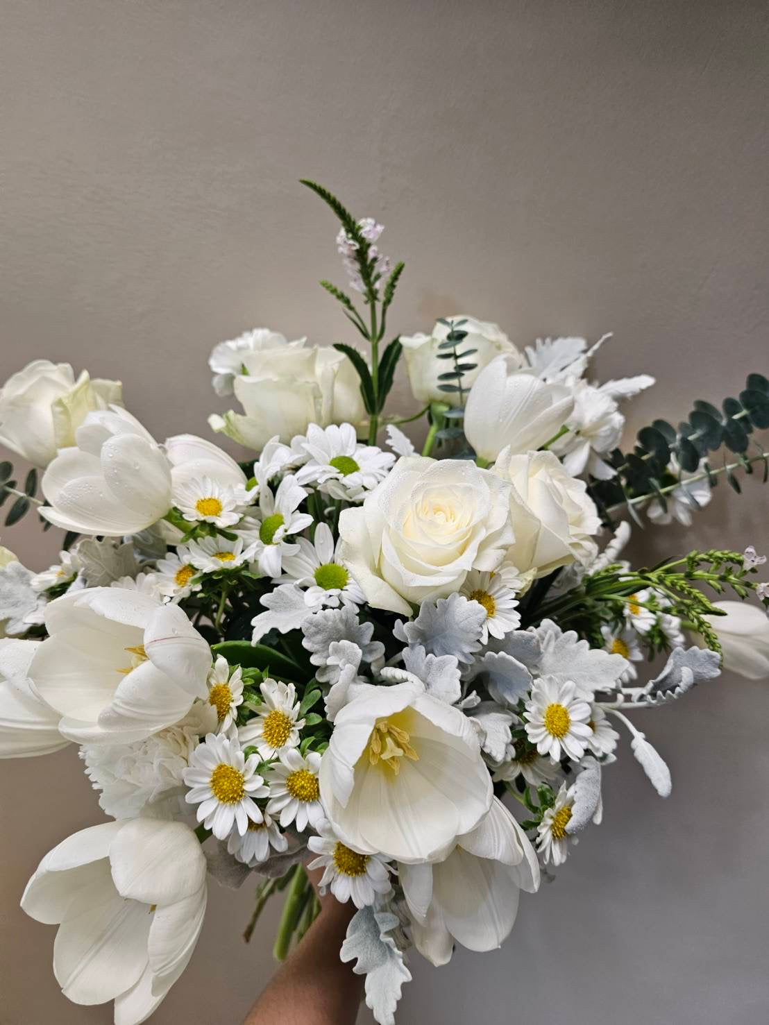 White roses bouquet with white tulips