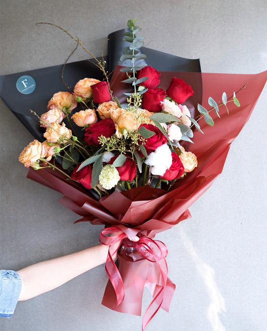 Bouquet of 25 Red and Orange Roses - Farm-Sook Flowers & Coffee
