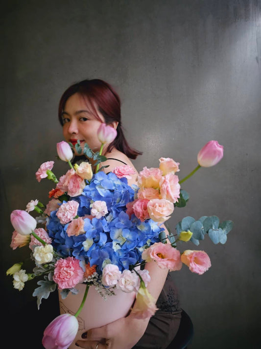 Harmony in Bloom: Blue Hydrangeas, Pink Tulips, Carnations, and Eucalyptus Leaves - Farm-Sook Flowers & Coffee